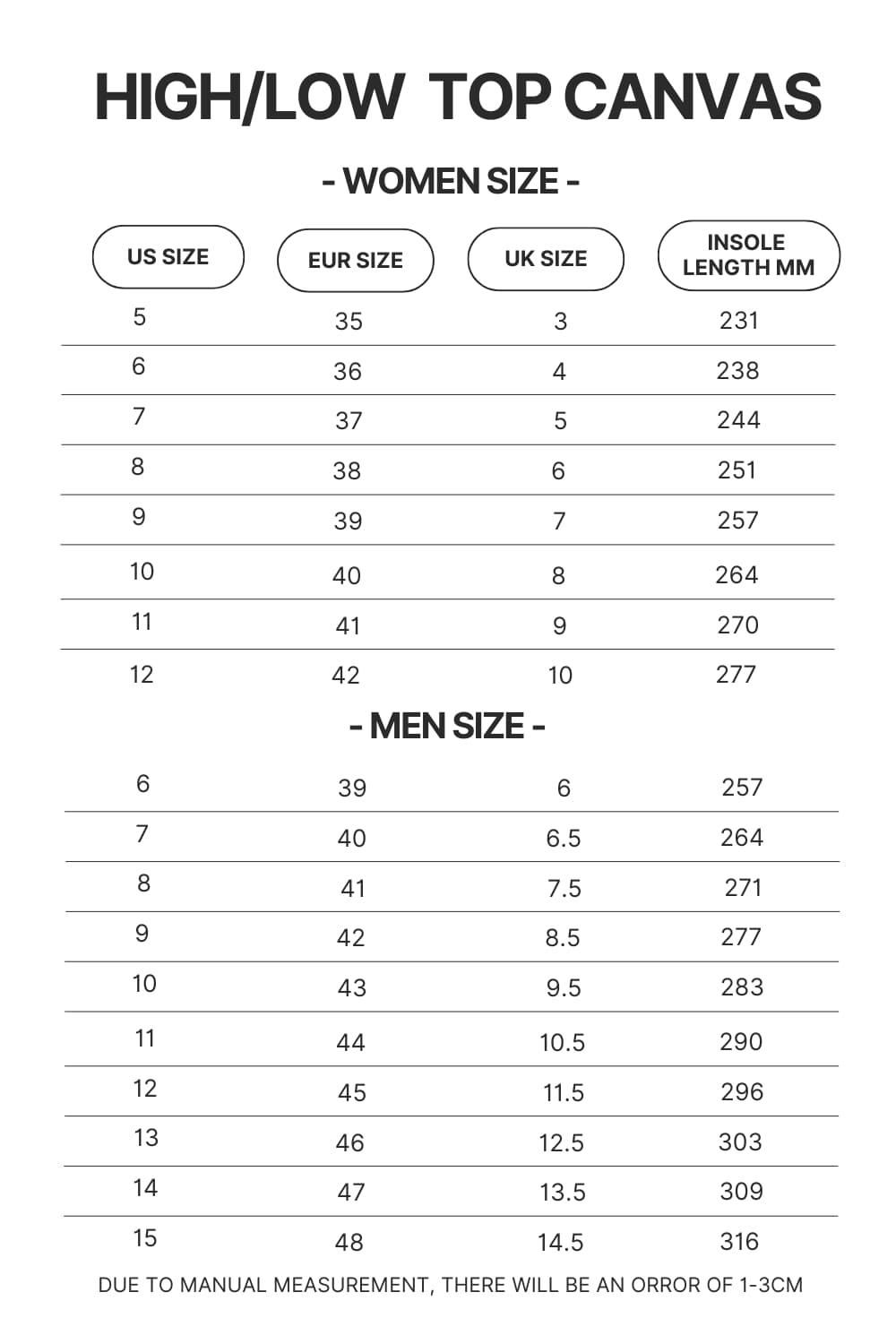 High Top Low Top Canvas Shoes Size Chart - One Piece EU Store