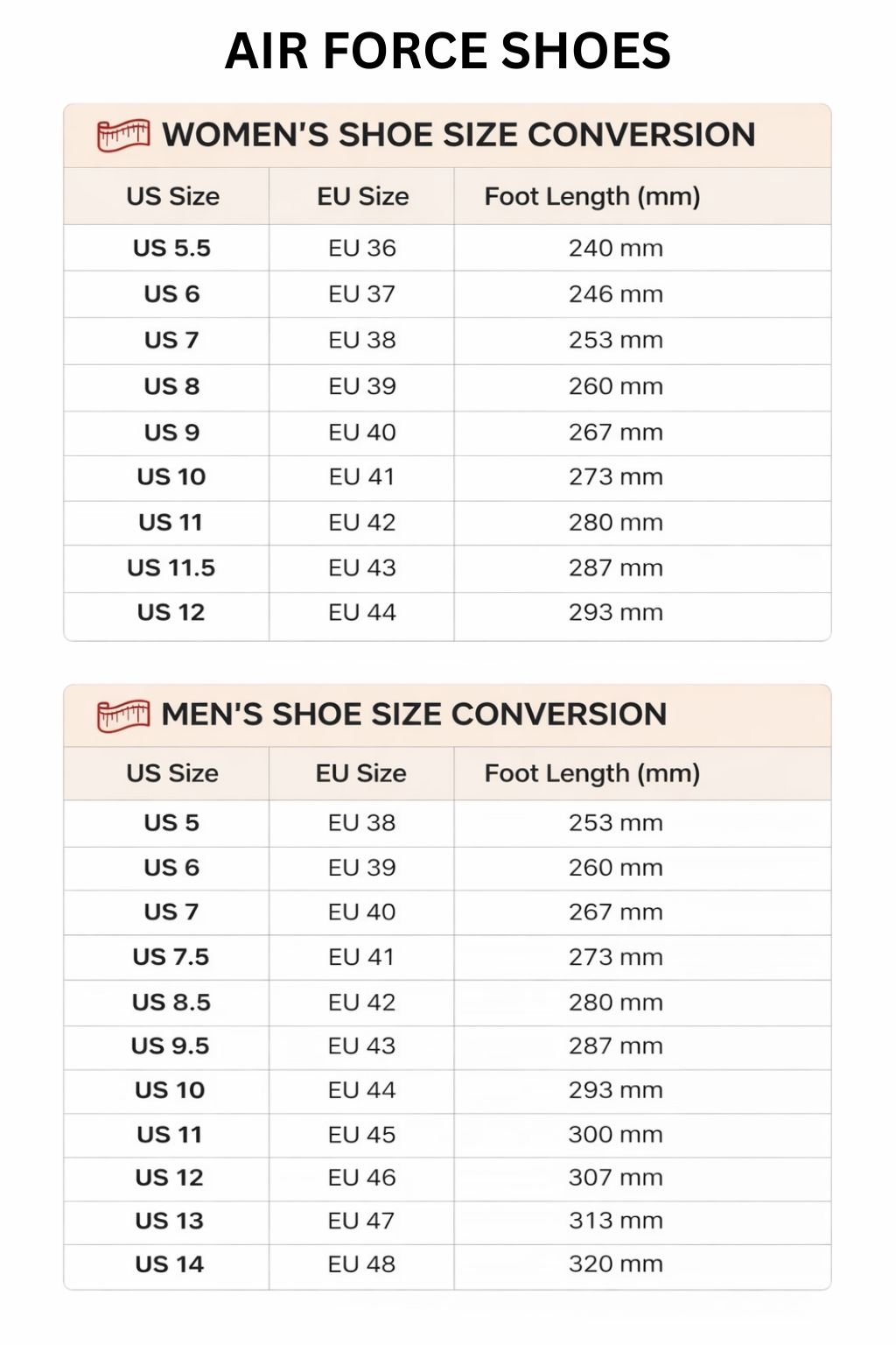 Product size chart