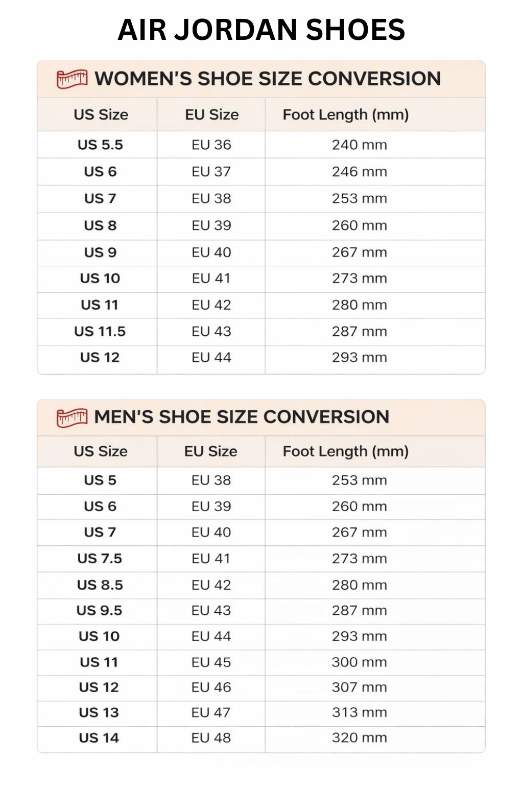 Product size chart