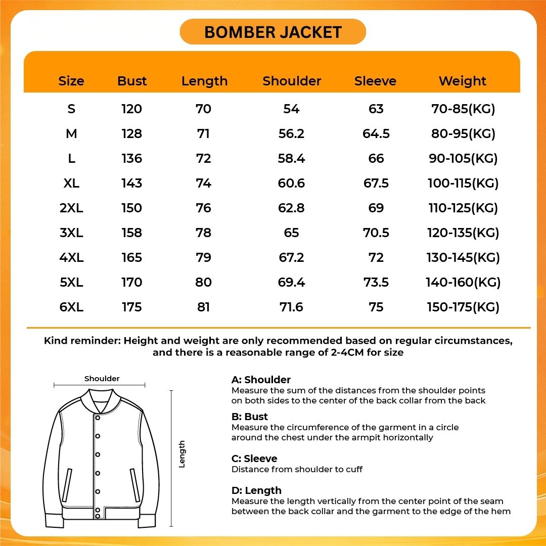 Bomber Jacket Size Chart - One Piece EU Store